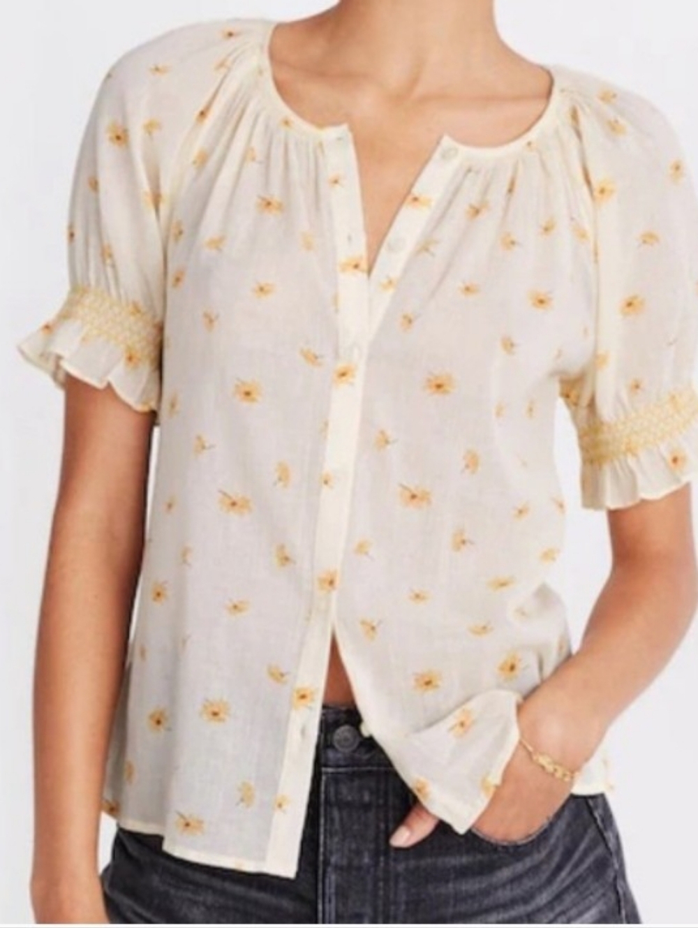 Madewell Smocked Yellow Floral Blouse XL